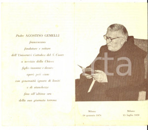 Oggetto da collezione cartaceo 1959 MILANO In memoria di padre Agostino GEMELLI Santino con ritratto 1
