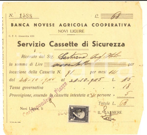 Documento originale, autentico 1944 NOVI LIGURE Banca Novese Agricola Cooperativa  Ricevuta cassette sicurezza 1