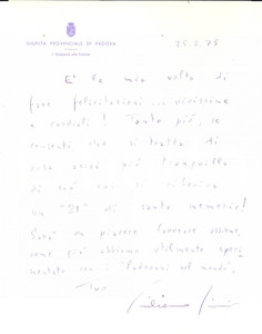 Autografo originale 1975 PADOVA Lettera felicitazioni Giuliano GIORIO assessore  Autografo 1