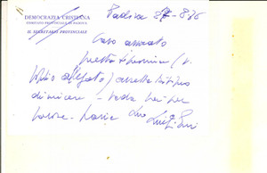 Autografo originale 1976 PADOVA DEMOCRAZIA CRISTIANA Biglietto Luigi GUI segretario  Autografo 1