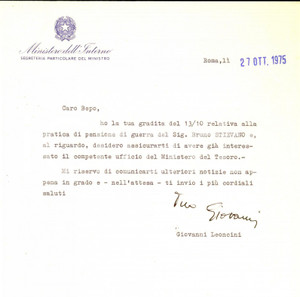 Autografo originale 1975 ROMA MINISTERO DELL INTERNO Giovanni LEONCINI pro pensione  Autografo 1