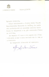 Autografo originale 1976 PADOVA Lettera mons. Girolamo BORTIGNON per raccomandazione  Autografo 1