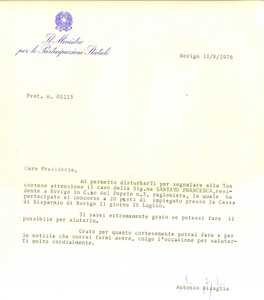 Autografo originale 1976 ROVIGO Lettera ministro Antonio BISAGLIA  per raccomandazione  Autografo 1