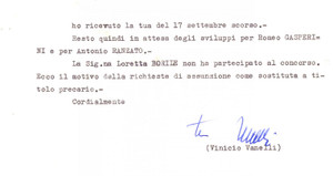 Autografo originale 1975 ROMA Lettera Vinicio VANELLI segretario ministro Interno  Autografo 1