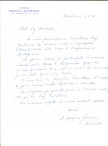 Autografo originale 1976 MONSELICE Lettera raccomandazione arciprete don Martino GOMIERO  Autografo 1