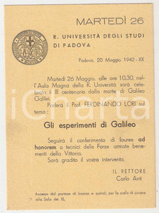 Cartolina originale da collezione 1942 PADOVA  REGIA UNIVERSITA  Invito conferenza Ferdinando LORI su GALILEO 1