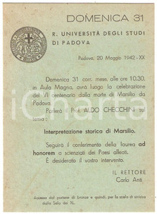 1942 PADOVA REGIA UNIVERSITÀ Invito conferenza Aldo CHECCHINI Marsilio da Padova
