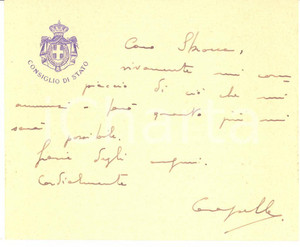 Autografo originale 1930 ROMA Consiglio di Stato  Aristide CARAPELLE  Biglietto AUTOGRAFO 1