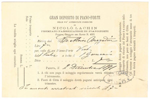 Documento originale, autentico 1891 PADOVA Selciato del Santo  Nicolò LACHIN Fabbrica di pianoforti  Ricevuta 1