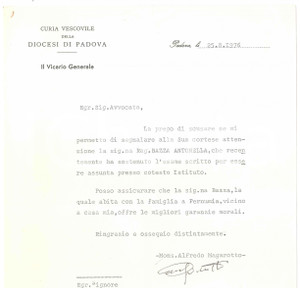 Autografo originale 1976 PADOVA Lettera mons. Alfredo MAGAROTTO  Vicario generale  AUTOGRAFO 1