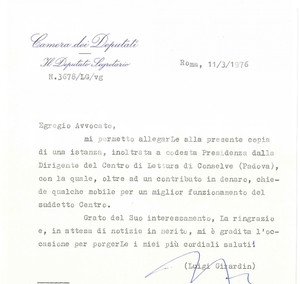 Autografo originale 1976 ROMA Lettera on. Luigi GIRARDIN pro Centro di Lettura a Conselve Autografo 1