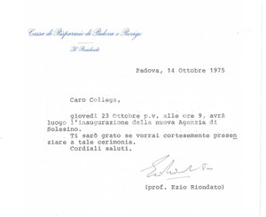 Autografo originale 1975 PADOVA Lettera Ezio RIONDATO per inaugurazione sede  AUTOGRAFO 1