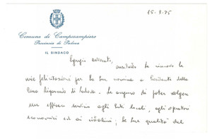 Autografo originale 1975 CAMPOSAMPIERO Biglietto Marcello PAGETTA sindaco  Auguri AUTOGRAFO 1