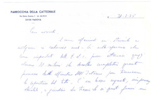 Autografo originale 1975 PADOVA Parrocchia della Cattedrale  Lettera del parroco AUTOGRAFO 1