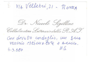 Oggetto da collezione cartaceo 1980 ROMA NiccolÃ² SIGILLINO Collaboratore letterario R.A.I. Biglietto autografo 1