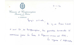 Autografo originale 1976 CAMPOSAMPIERO PD Biglietto Marcello PAGETTA sindaco  AUTOGRAFO 1