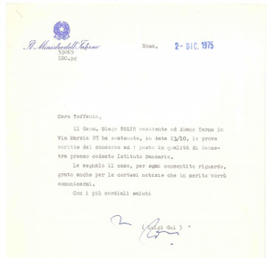 Autografo originale 1975 ROMA Lettera Luigi GUI ministro dell Interno pro candidato  Autografo 1