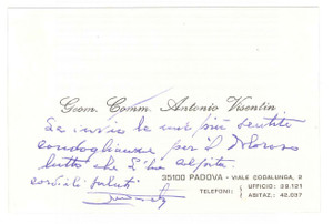 Autografo originale 1975 PADOVA Geom. Antonio VISENTIN  Biglietto da visita autografo 1