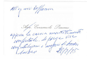 Autografo originale 1975 PADOVA Avv. Emanuele PARENZO  Biglietto da visita con AUTOGRAFO 1