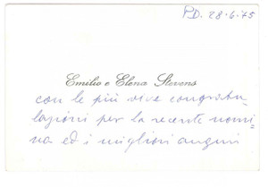 Autografo originale 1975 PADOVA Emilio ed Elena STEVENS  Biglietto da visita autografo 1