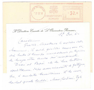 Autografo originale 1960 ROMA L OSSERVATORE ROMANO Giuseppe DALLA TORRE Direttore Emerito Autografo 1