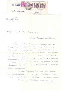 Autografo originale 1962 NAPOLI IL MATTINO Direttore Giovanni ANSALDO  Lettera Autografo 1