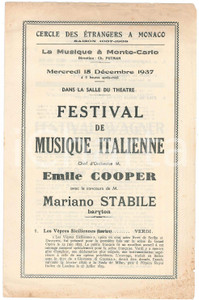 Materiale pubblicitario d’epoca 1937 MONACO Cercle des Etrangers  Festival de Musique Italienne  Programme 1