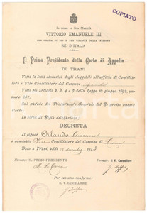 Documento originale, autentico 1914 LESINA FG Nomina Giacomo ORLANDO viceconciliatore del Comune 1