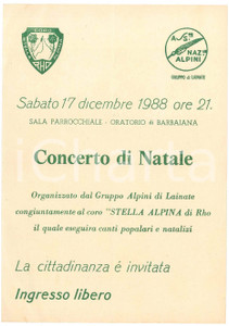 Materiale pubblicitario d’epoca 1988 BARBAIANA/ LAINATE MI Concerto Coro STELLA ALPINA di RHO Volantino 1