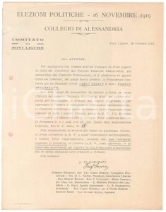 Documento originale, autentico 1919 NOVI LIGURE Elezioni politiche  Partito Liberale Democratico Lettera 1