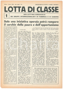 Giornale, rivista storica 1958 MILANO  LOTTA DI CLASSE  Iniziativa operaia contro la paura  Bollettino 1