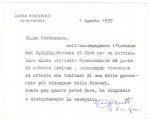 Autografo originale 1975 PADOVA Biglietto mons. Alfredo MAGAROTTO  Vicario generale  AUTOGRAFO 1