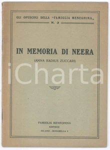 Libro, pubblicazione d epoca 1927 Luigi Mario CAPELLI In memoria di Neera Anna Radius Zuccari 29 pp. 1