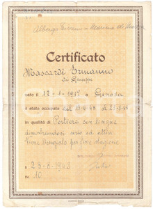 Documento originale, autentico 1948 MARINA DI MASSA Albergo TIRRENO  Certificato Ermanno MASCARDI portiere 1