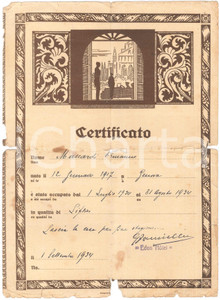 Documento originale, autentico 1934 ITALIA s. l. EDEN HOTEL  Certificato Ermanno MASCARDI liftier 1