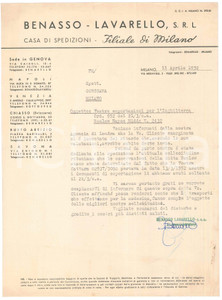 Documento originale, autentico 1952 MILANO via Meravigli 3  BENASSOLAVARELLO Casa di spedizioni Lettera 1