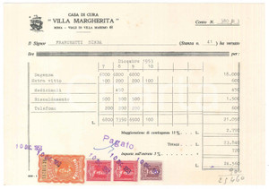 Documento originale, autentico 1953 ROMA Casa di Cura VILLA MARGHERITA Conto per degenza paziente 1