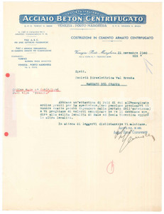Documento originale, autentico 1940 VENEZIA MARGHERA SocietÃ  ACCIAIO BETON CENTRIFUGATO Lettera pali 1
