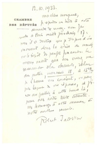 1933 FRANCE Député Robert JARDILLIER programme sa rentrée à Paris - Autographe