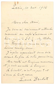 Autografo originale 1916 PARIS Lettera Paul BRULAT in attesa di un amico Autografo 1