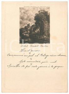 Oggetto da collezione cartaceo 1908 BERLIN  Hotel BRISTOL  Vintage menu CONSTABLE Landhaus am Bach 1