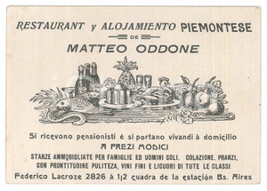 Oggetto da collezione cartaceo 1920 ca BUENOS AIRES Restaurante y alojamento Matteo ODDONE  Biglietto 1