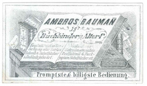 Oggetto da collezione cartaceo 1890 ca ALTORF F Ambros BAUMANN  Buchbinder Biglietto 1