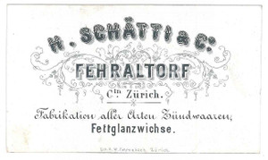 Oggetto da collezione cartaceo 1900 ca FEHRALTORF  H. SCHATTI Fabrikation aller arten zÃ¼ndwaren  10x6 cm 1