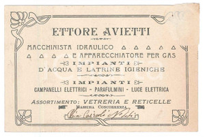 Oggetto da collezione cartaceo 1920 ca ITALIA Ettore AVIETTI Idraulico  Biglietto da visita DANNEGGIATO 10x7 1