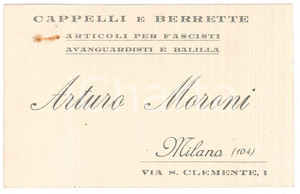 Oggetto da collezione cartaceo 1928 MILANO Cappelleria Arturo MORONI Articoli per fascisti e balilla Biglietto 1