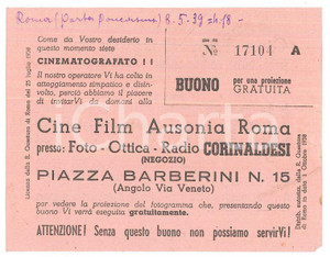 Oggetto da collezione cartaceo 1939 ROMA Foto Corinaldesi CINE FILM AUSONIA Buono per essere cinematografato 1