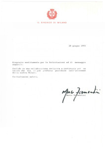 Autografo originale 1993 MILANO Lettera Marco FORMENTINI sindaco  AUTOGRAFO 1