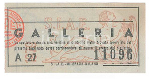 Oggetto da collezione cartaceo 1980 ca MILANO  SIAE Biglietto galleria 6x3 cm 1