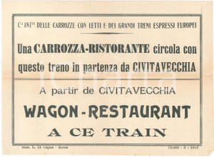 Materiale pubblicitario d’epoca 1913 FERROVIE Compagnia Grandi Treni Espressi  Volantino carrozza CIVITAVECCHIA 1